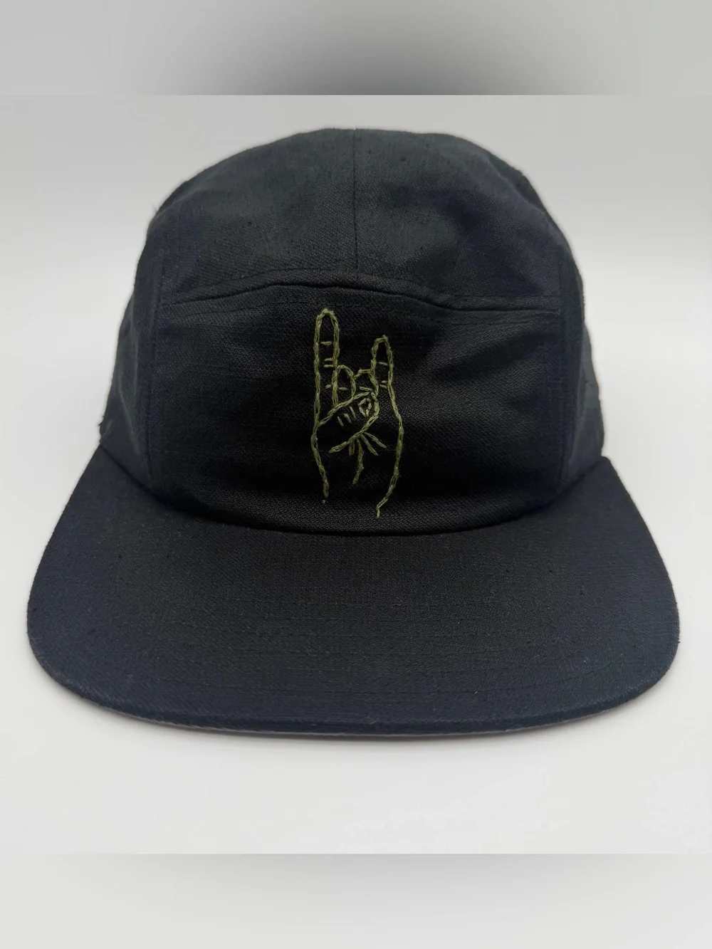 Black 5-Panel Cap with Hand Gesture Embroidery 77% Hemp Womens dadcore
